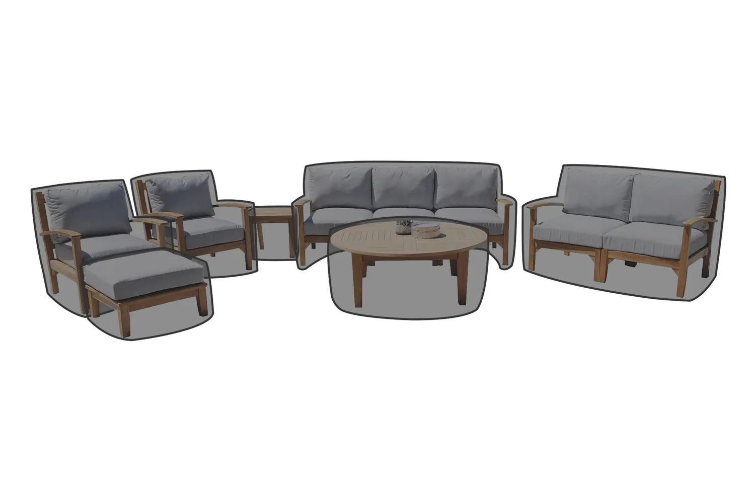 7 pc Huntington Teak Deep Seating Sofa Set with 52" Chat Table WeatherMAX Outdoor Weather Covers