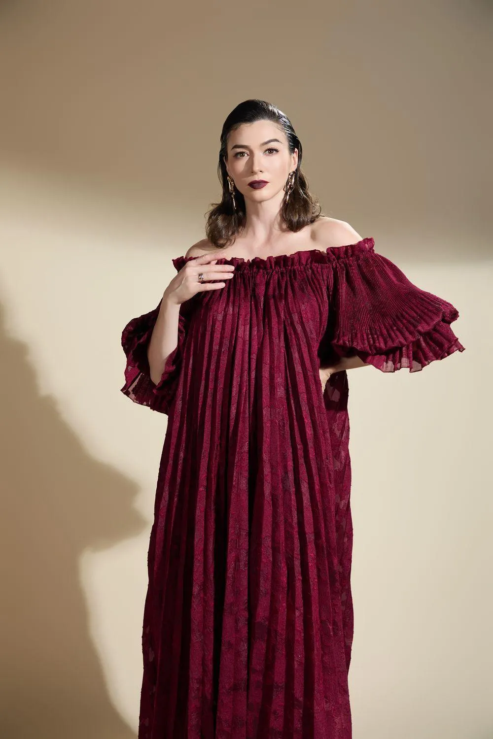 Alaya Gathered Pleated Brocade Maxi Dress