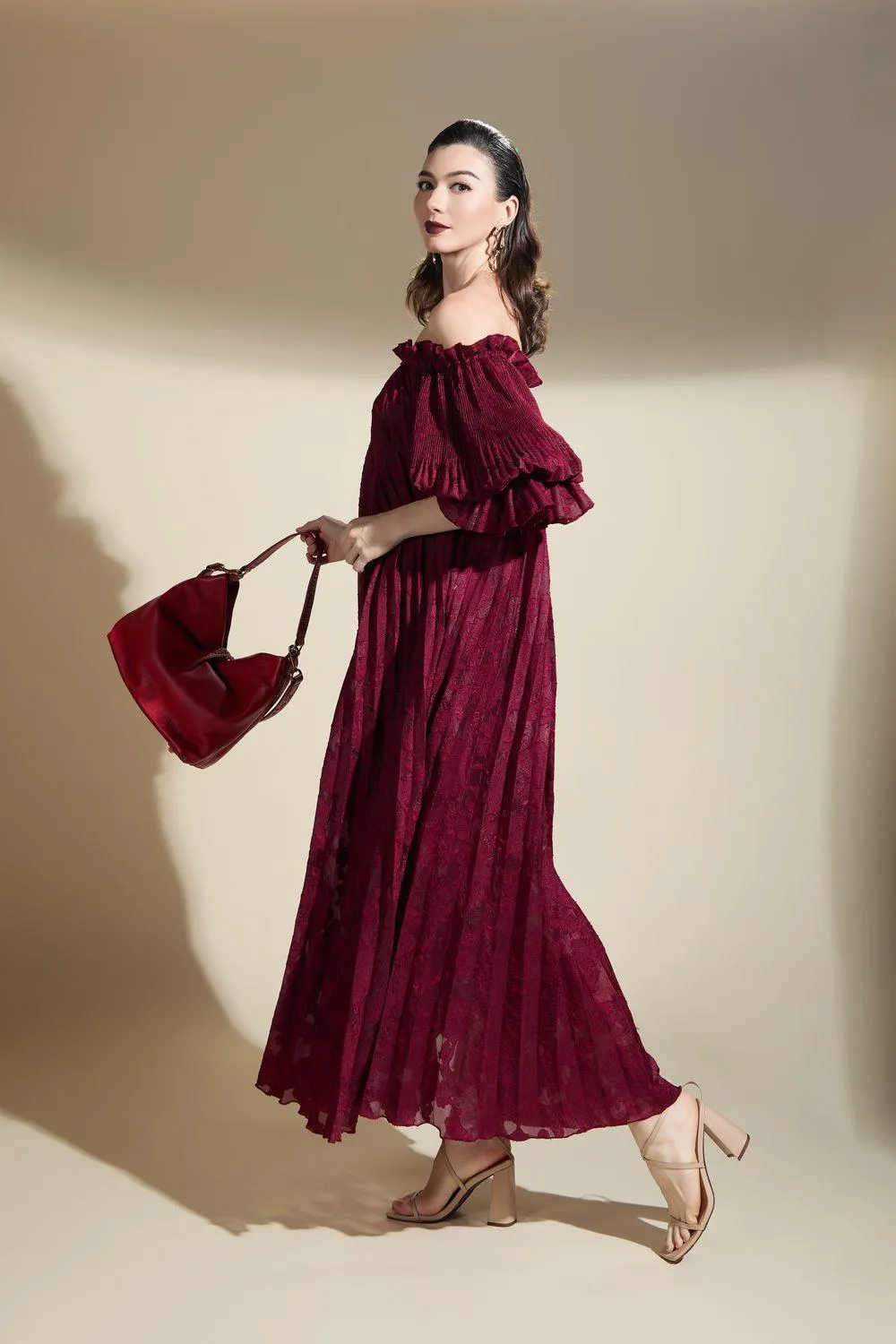 Alaya Gathered Pleated Brocade Maxi Dress