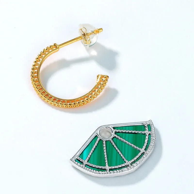Fan Shape Malachite Pendant C Shape Combination Sterling Silver Drop Earrings