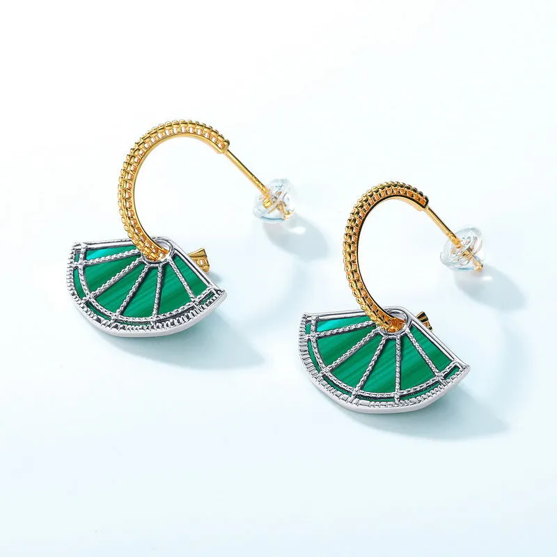 Fan Shape Malachite Pendant C Shape Combination Sterling Silver Drop Earrings