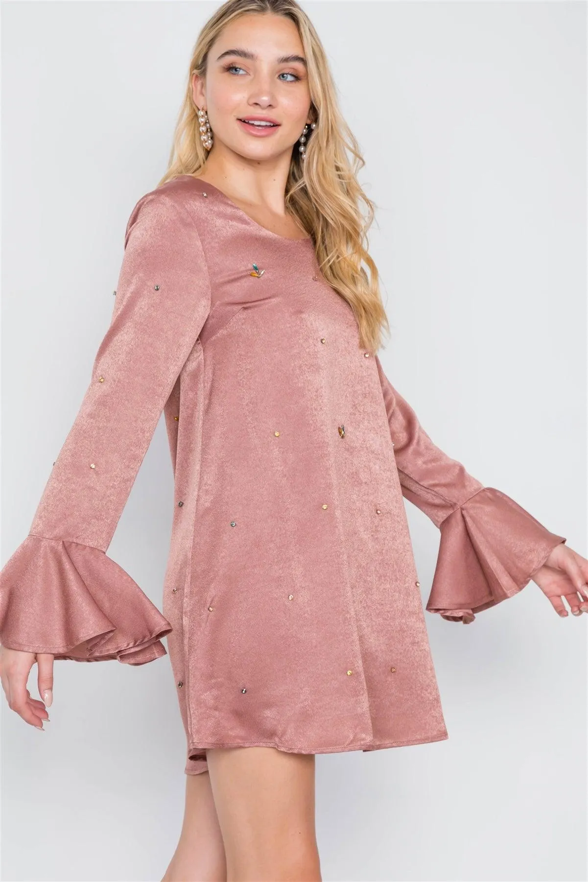 Mauve Long Bell Sleeves Rhinestone Mini Dress