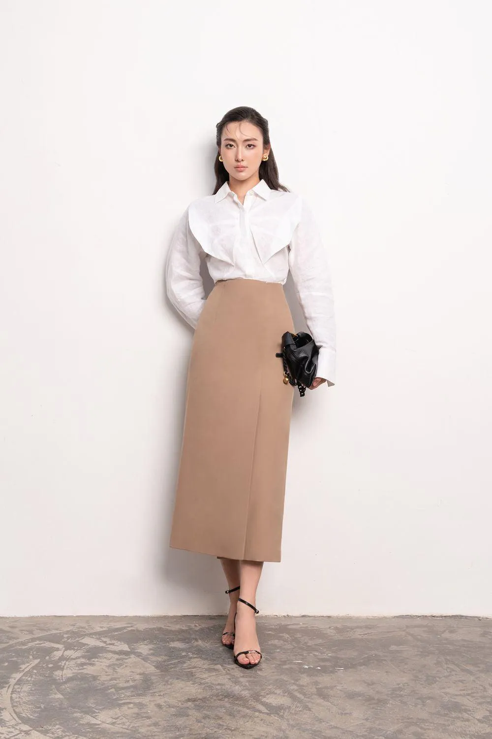 Naila Sheath Side Slit Khaki Midi Skirt