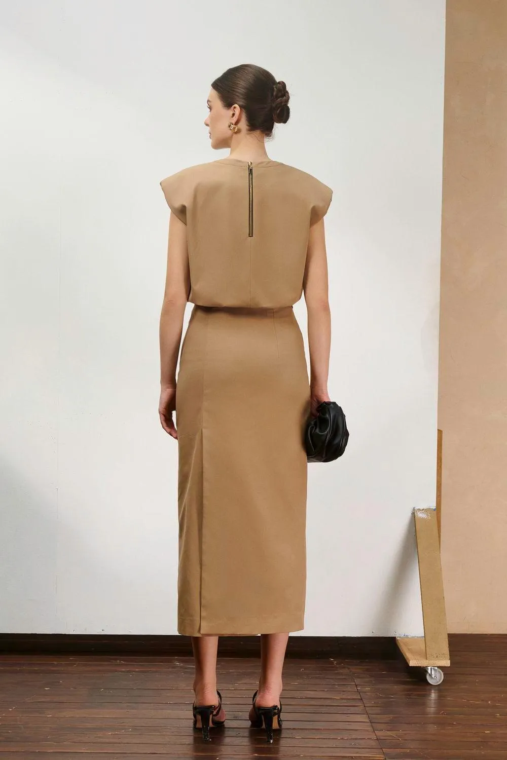Naila Sheath Side Slit Khaki Midi Skirt