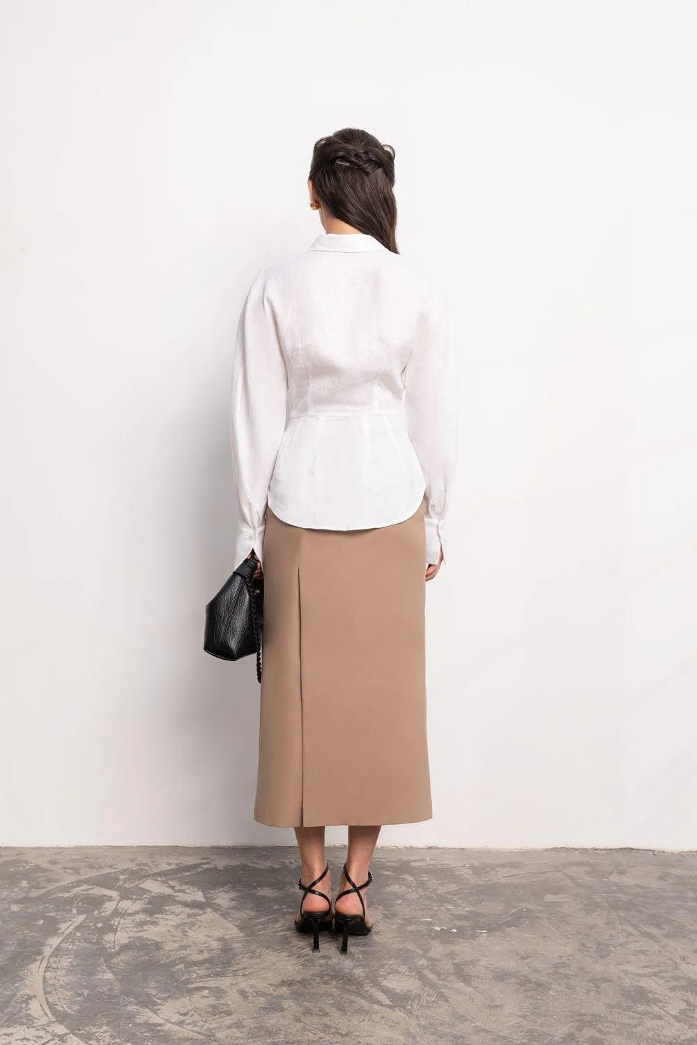 Naila Sheath Side Slit Khaki Midi Skirt