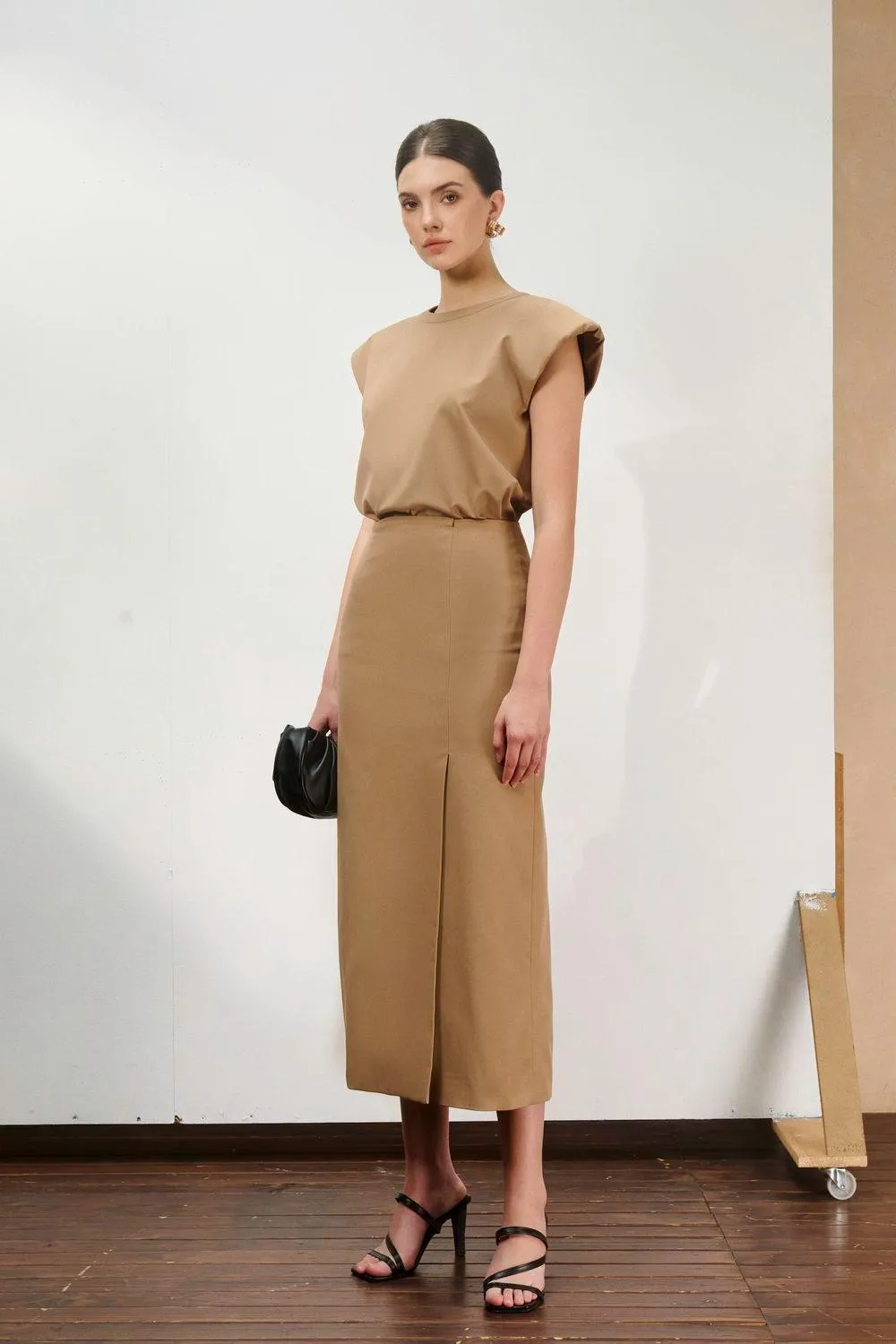 Naila Sheath Side Slit Khaki Midi Skirt