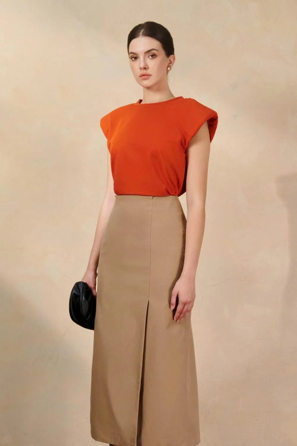 Naila Sheath Side Slit Khaki Midi Skirt