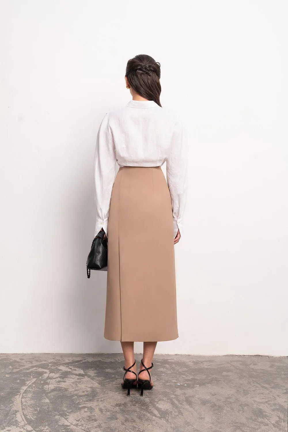 Naila Sheath Side Slit Khaki Midi Skirt