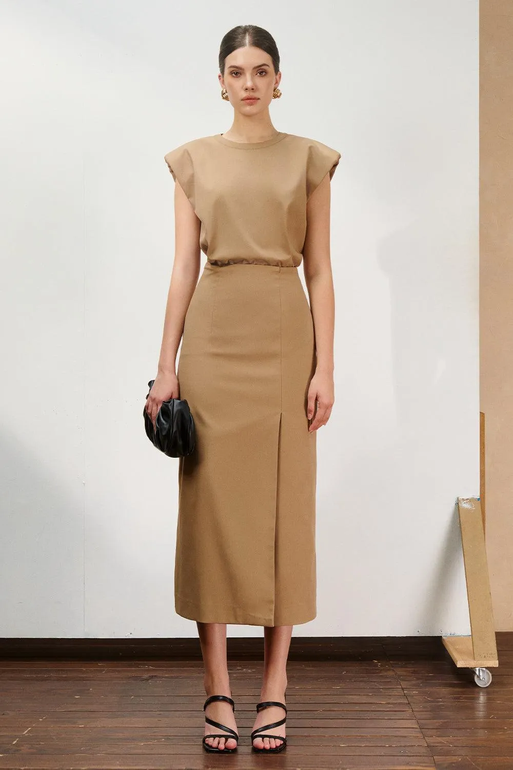 Naila Sheath Side Slit Khaki Midi Skirt