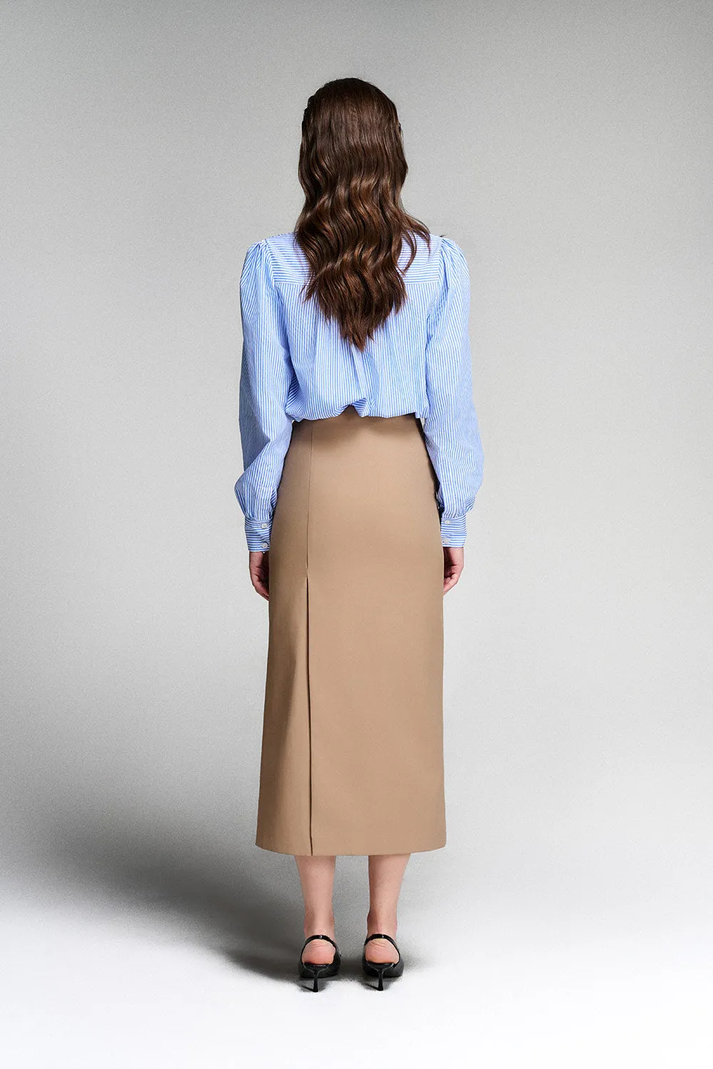 Naila Sheath Side Slit Khaki Midi Skirt