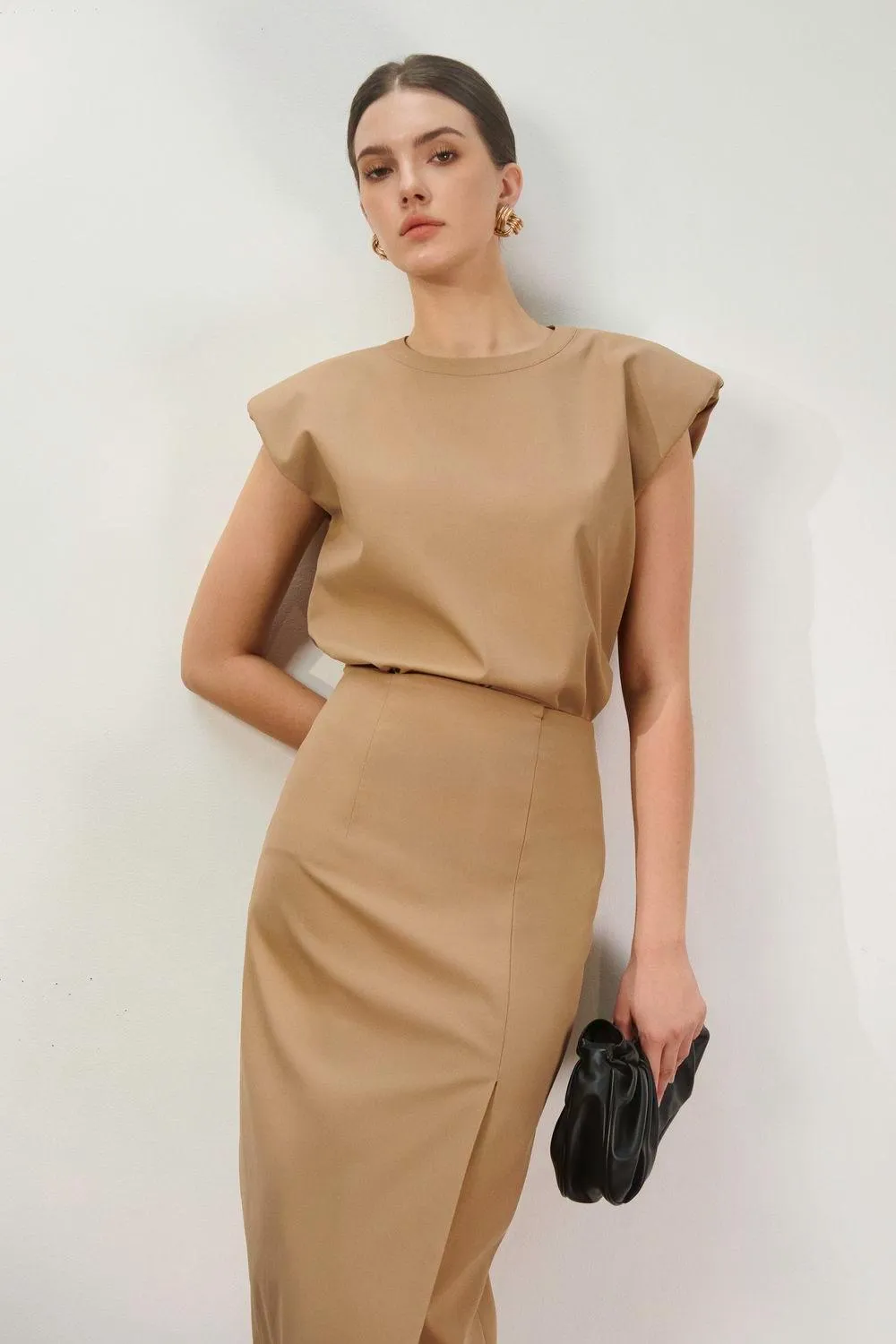 Naila Sheath Side Slit Khaki Midi Skirt