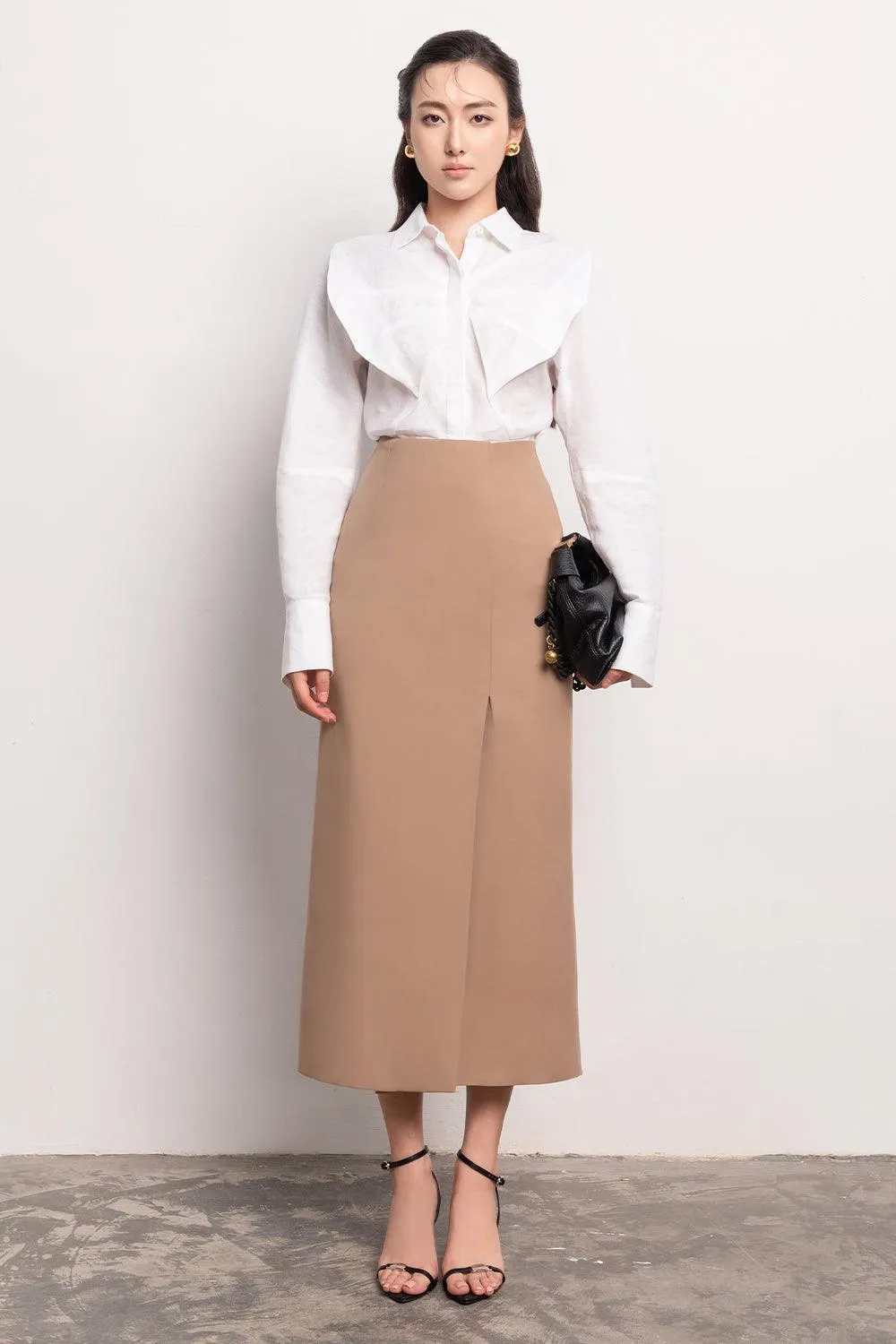 Naila Sheath Side Slit Khaki Midi Skirt