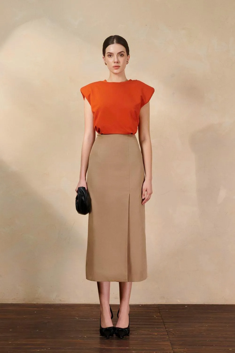 Naila Sheath Side Slit Khaki Midi Skirt