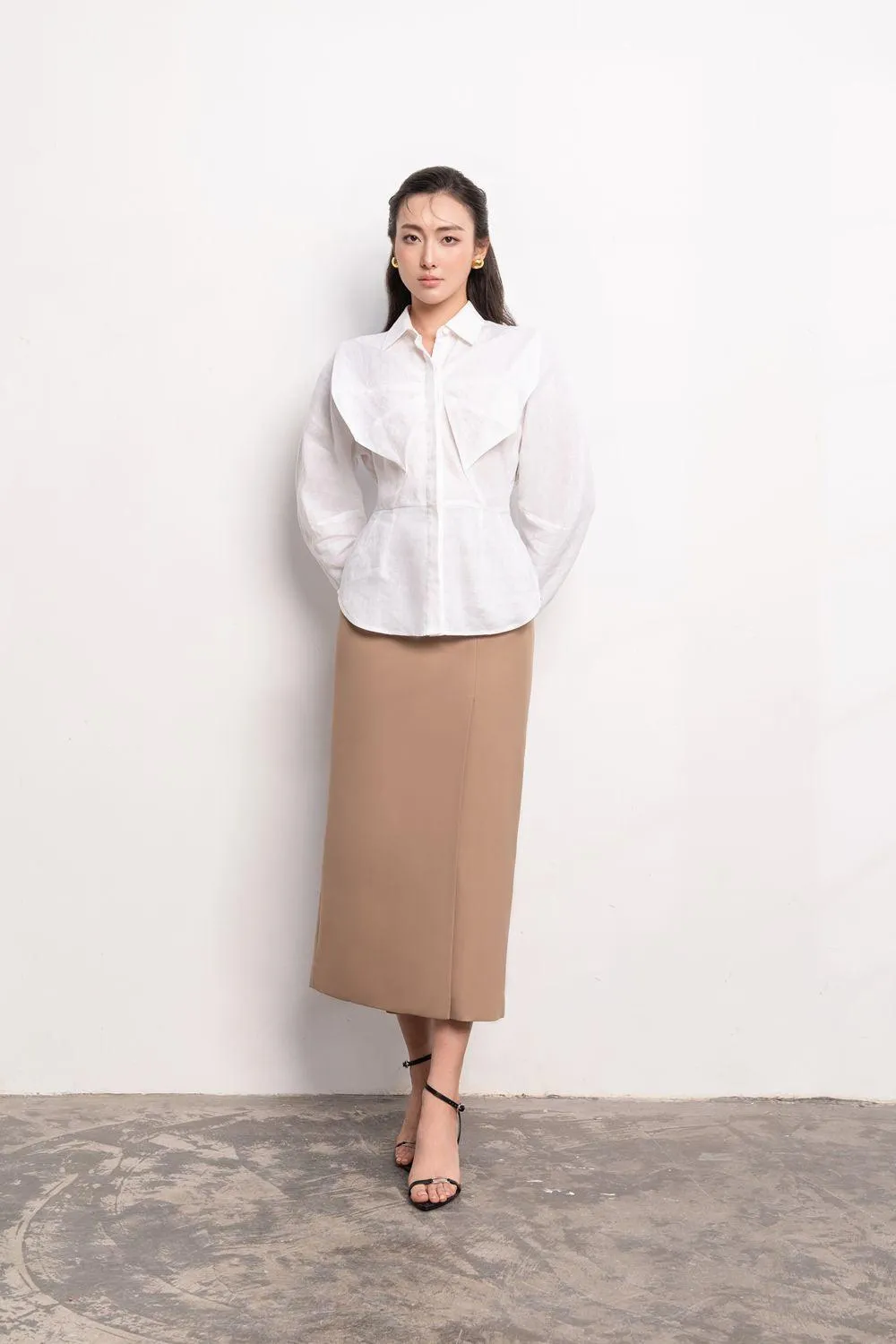 Naila Sheath Side Slit Khaki Midi Skirt