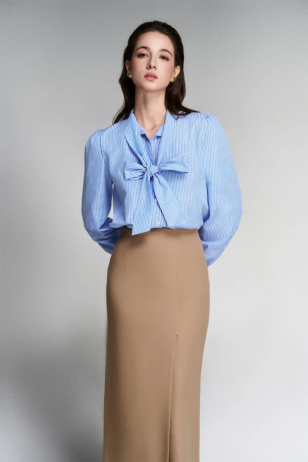 Naila Sheath Side Slit Khaki Midi Skirt