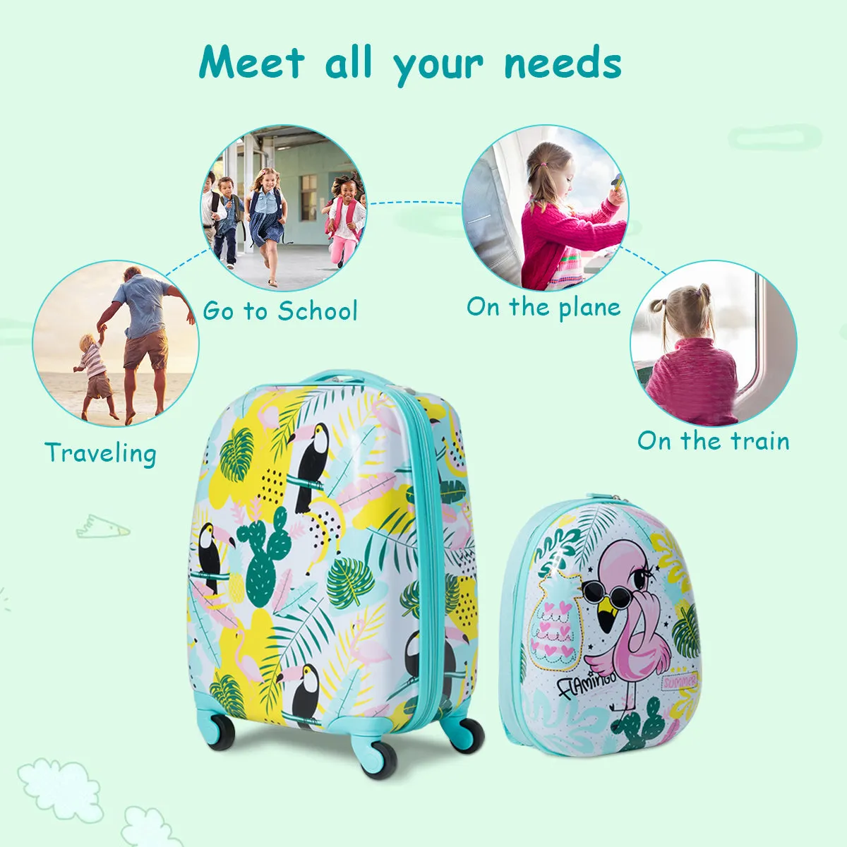 NNECW 2 Pieces Carry On Luggage Set with Flamingo Pattern for Kids