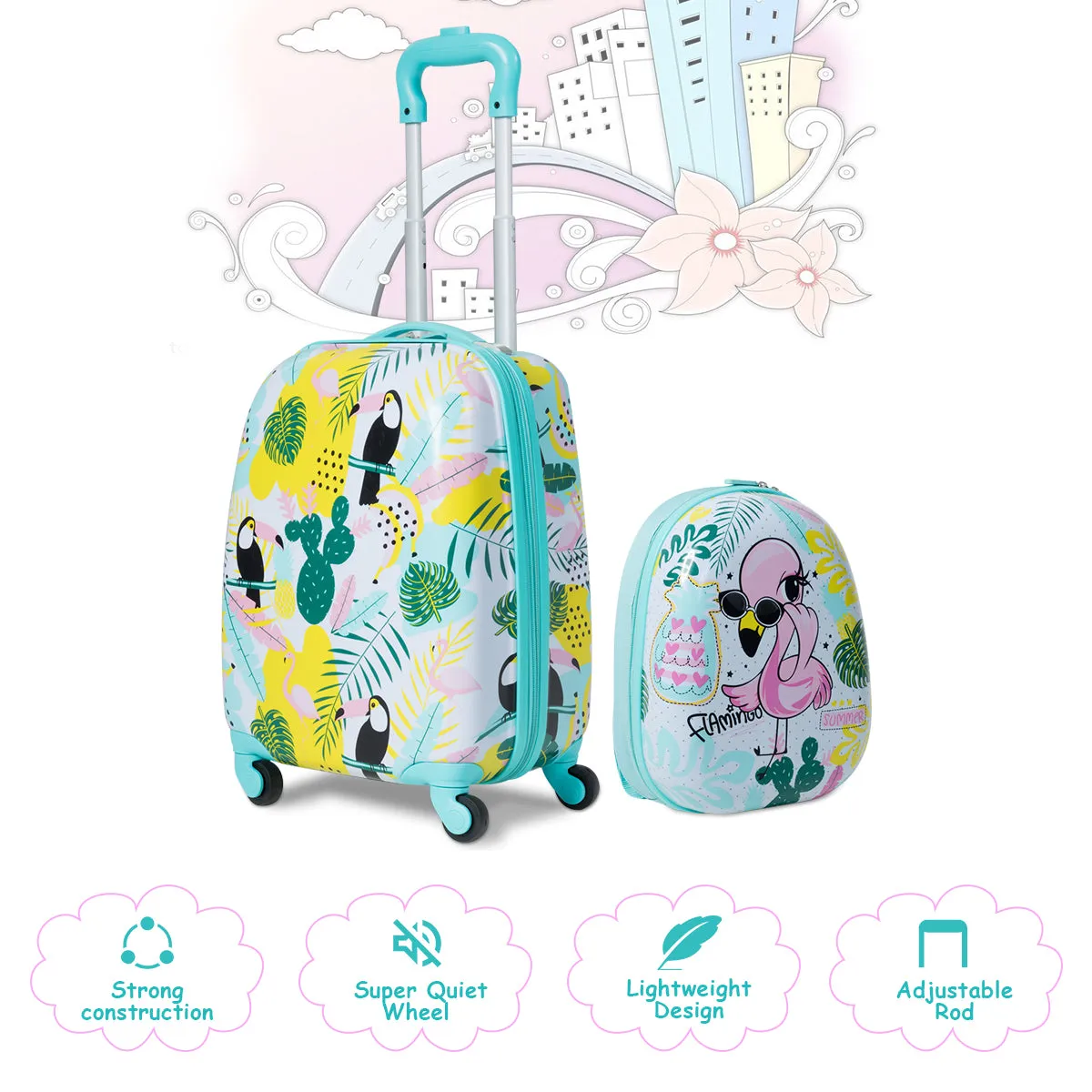 NNECW 2 Pieces Carry On Luggage Set with Flamingo Pattern for Kids