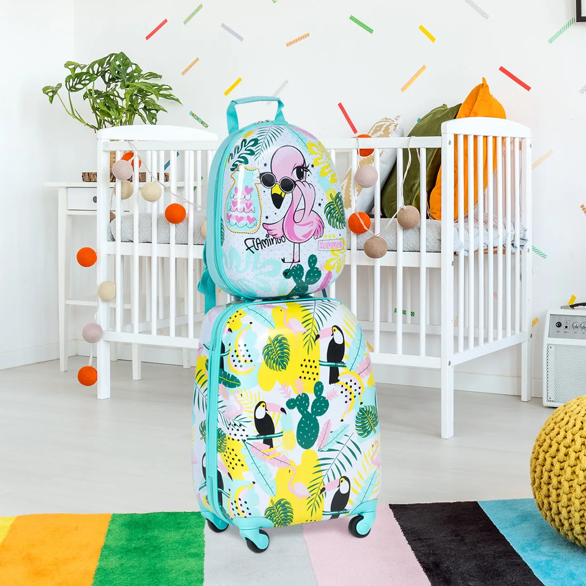 NNECW 2 Pieces Carry On Luggage Set with Flamingo Pattern for Kids
