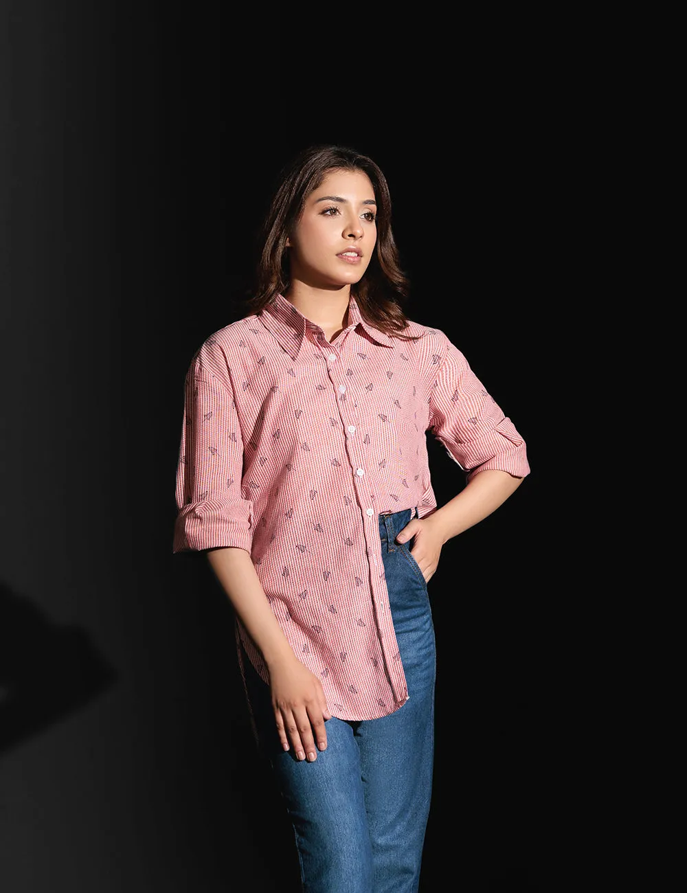 Pink Leaf Printed Casual Shirt