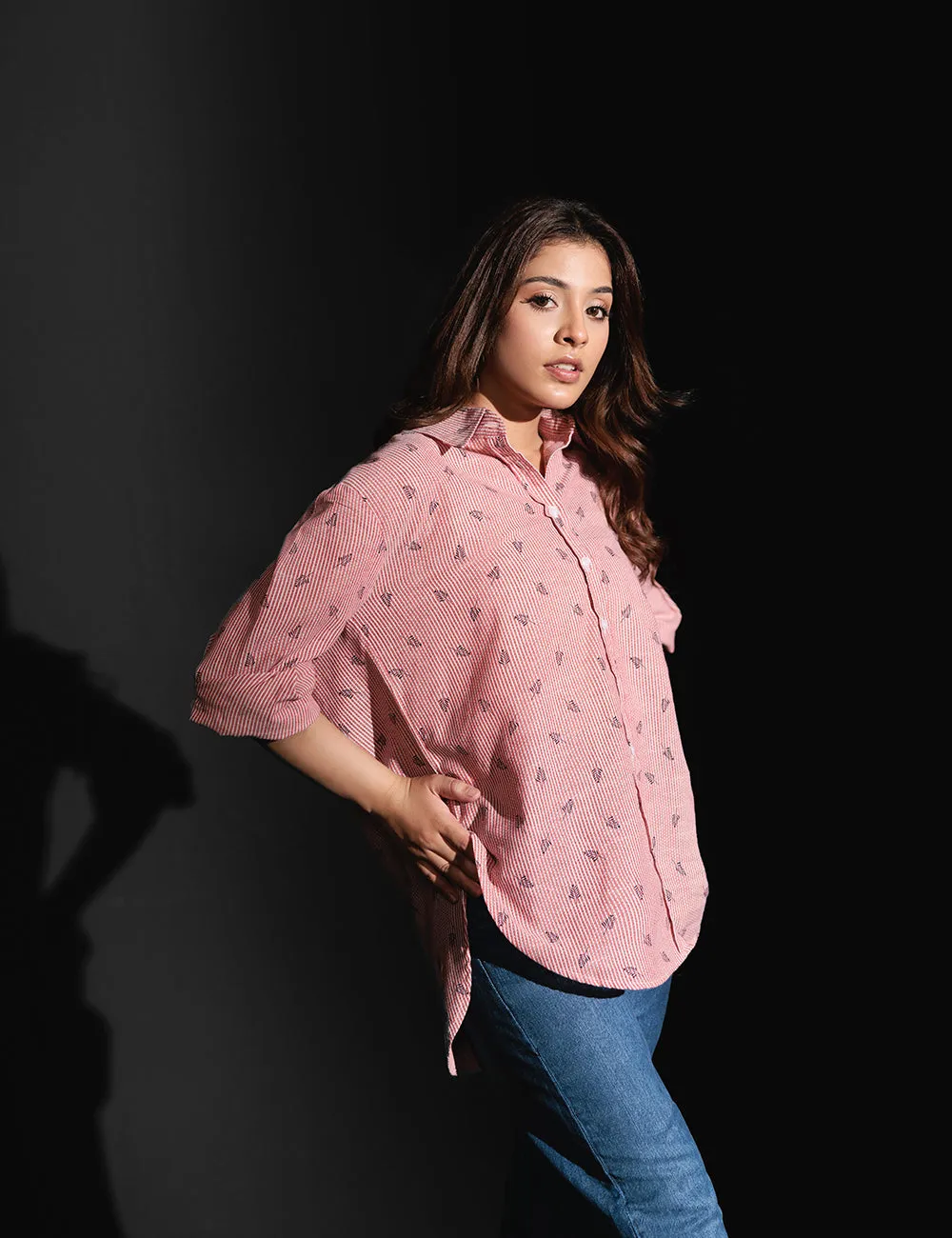 Pink Leaf Printed Casual Shirt