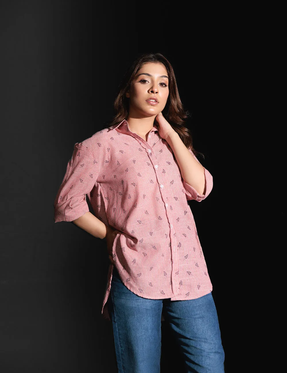 Pink Leaf Printed Casual Shirt
