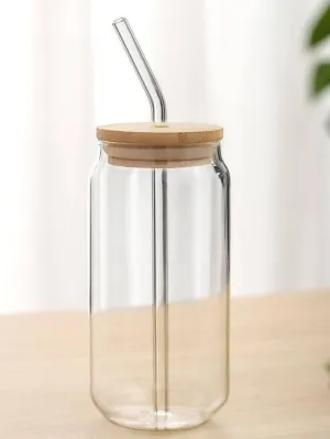 SKDBPM Ice Juice Drinks Glass Can Mug with Straw for Milk/Coffee/Green Tea Cup Set of 1-510ml Transparent Can Shape Cup (Pack of 1) (Wooden LID CAN)