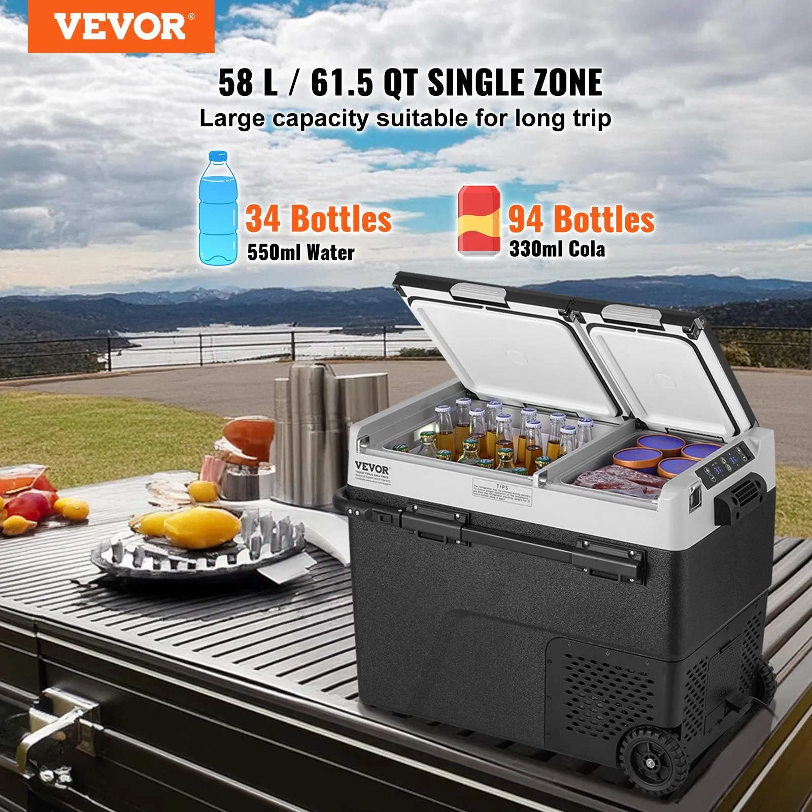 Vevor Car Refrigerator Freezer 61.5 Qt Portable Dual Zone -4°F to 68°F Temperature Adjustment New